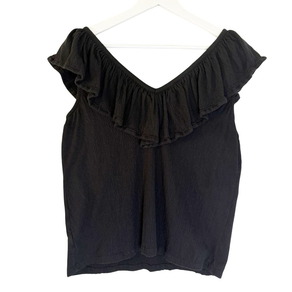 LOFT Black Gauze Ruffle V-Neck Top Size Medium